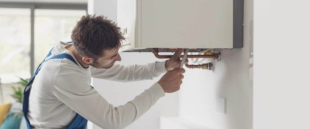 Technician in blue overalls tightening pipes on a wall-mounted boiler in a bright room.