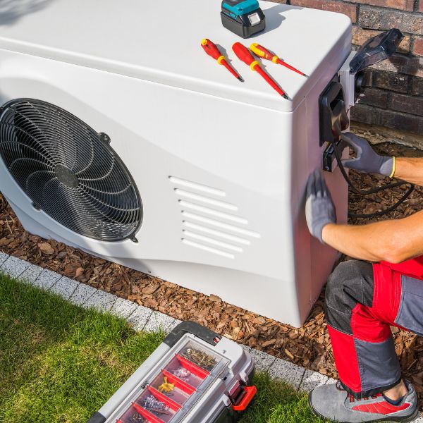 HVAC technician in red and gray overalls services an outdoor air conditioner condenser, with a toolbox and screwdrivers nearby on the ground.