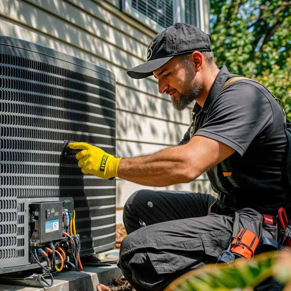 HVAC technician connecting wires on an outdoor condenser